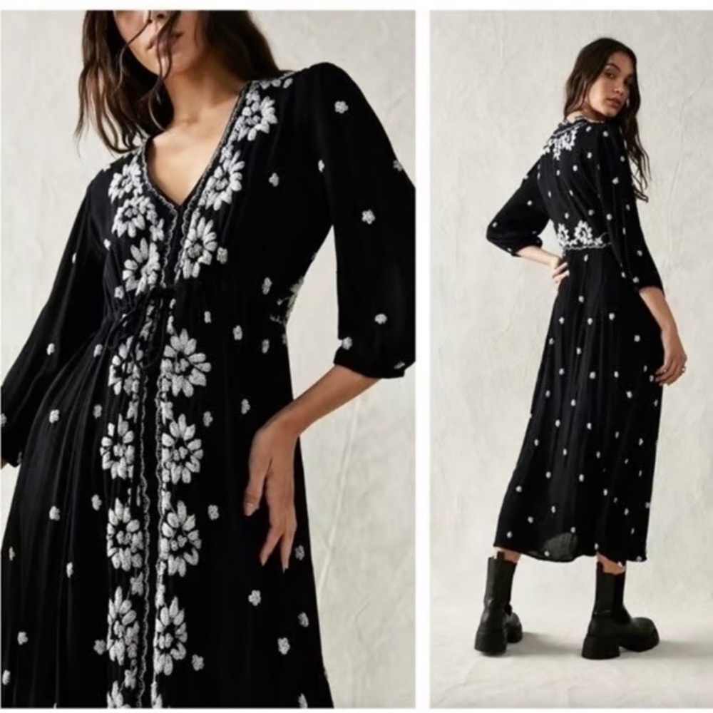 Free People Embroidered Fable Maxi Dress — Black White Floral Stitching 🕊️🖤